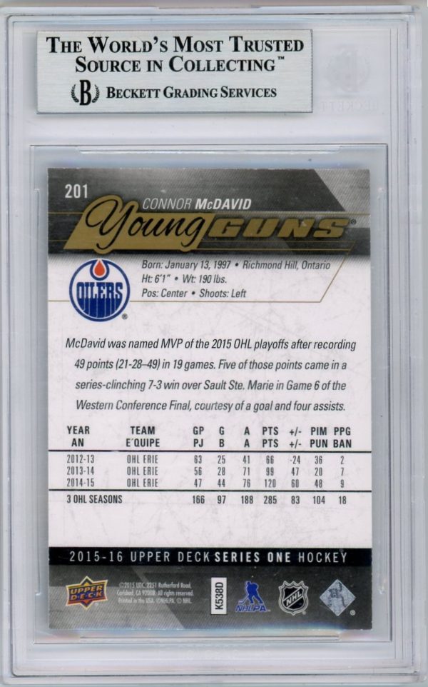 Connor McDavid 2015-16 Upper Deck Young Guns Exclusives 037/100 #201 BGS 9