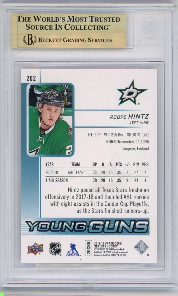 Roope Hintz 2018-19 Upper Deck Series 1 Young Guns #202 BGS 9.5