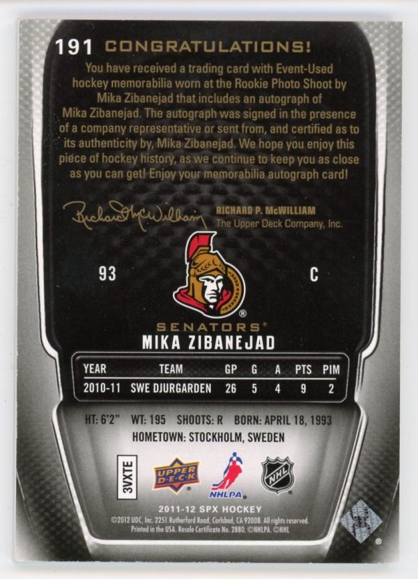 Mika Zibanejad 2011-12 SPx Autographed Rookie Patch 17/25 #191