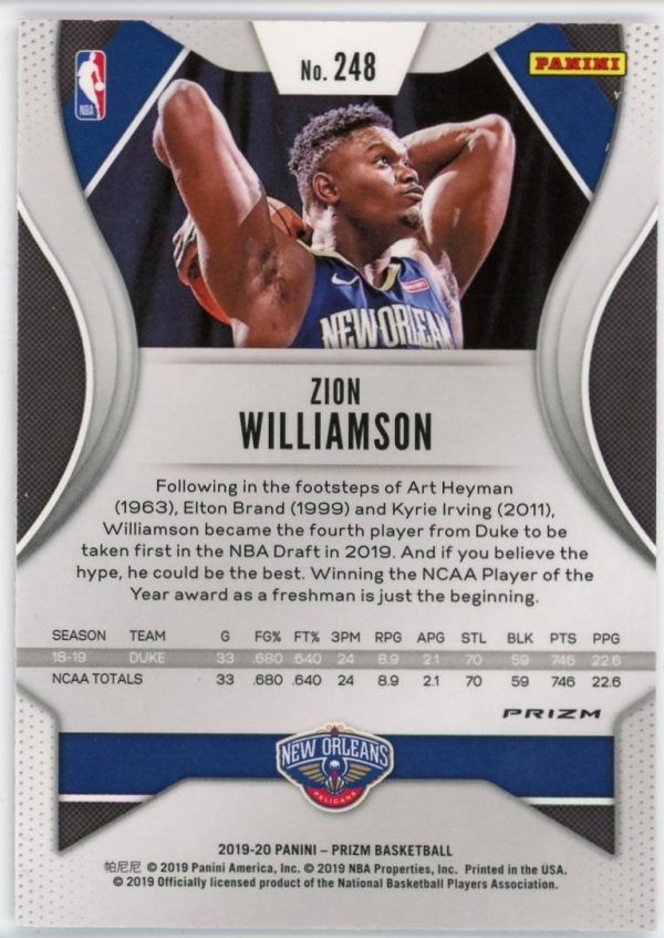 Zion Williamson 2019-20 Panini Prizm Sliver Rookie Card #248