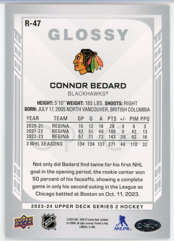 Connor Bedard 2023-24 Upper Deck Series 2 Glossy Rookie Card #R-47