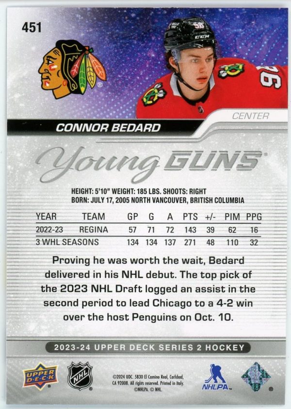 Connor Bedard 2023-24 Upper Deck Series 2 Young Guns #451