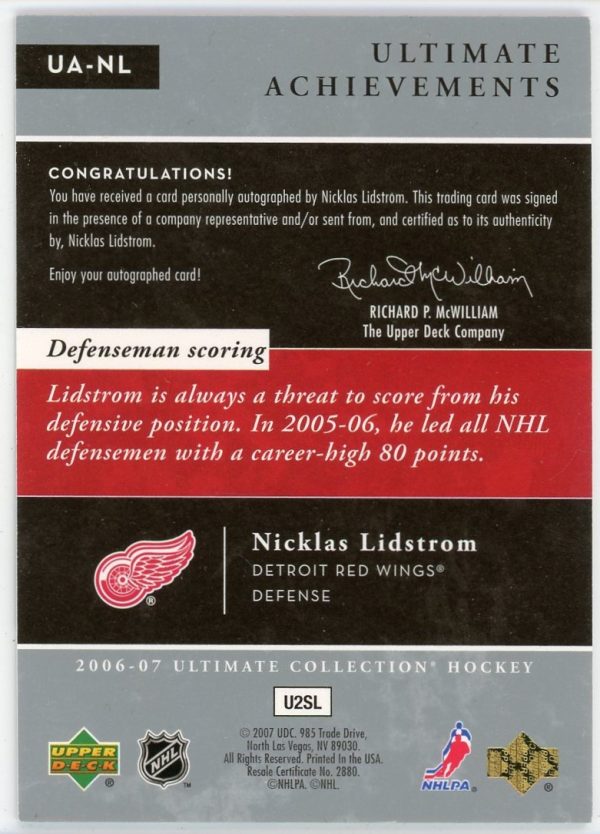 Nicklas Lidstrom 2006-07 UD Ultimate Achievements Auto /80 #UA-NL