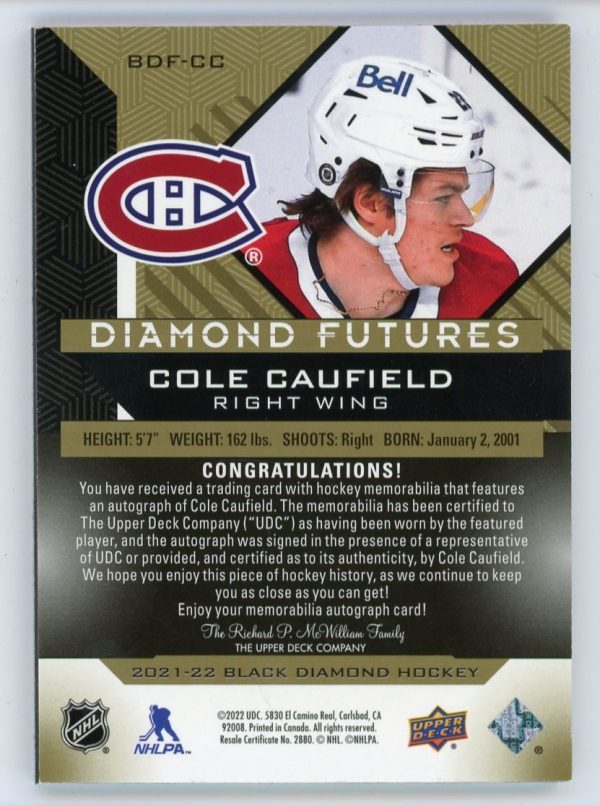 Cole Caufield 2021-22 Black Diamond Diamond Futures RPA 08/25 #BDF-CC