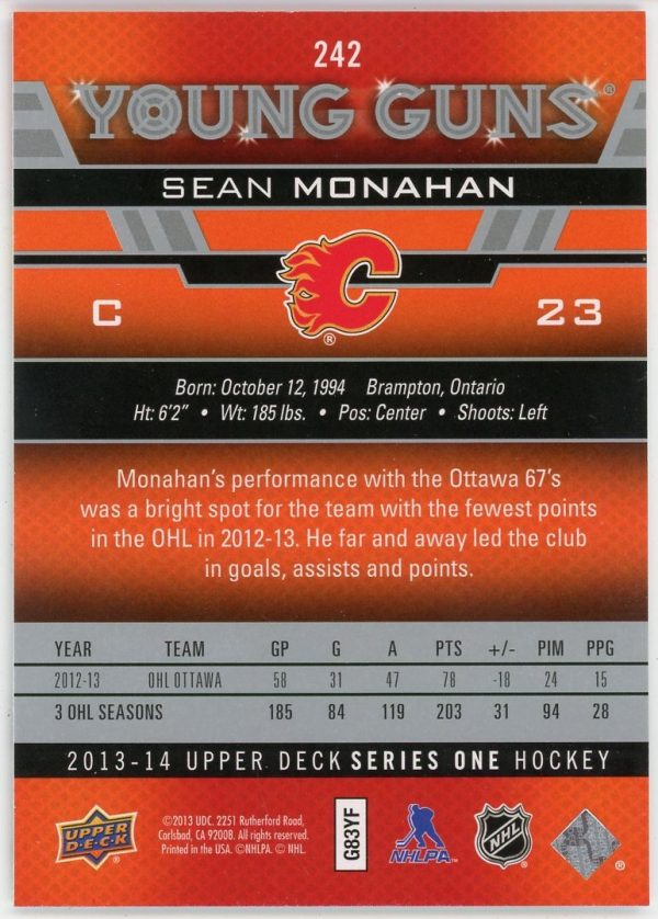 Sean Monahan 2013-14 Upper Deck Series 1 Young Guns #242