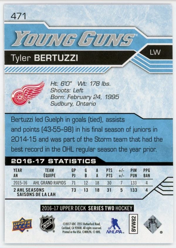 Tyler Bertuzzi 2016-17 Upper Deck Series 2 Young Guns #471