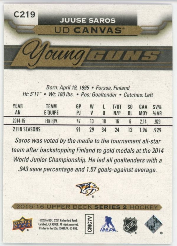 Juuse Saros 2015-16 Upper Deck Series 2 Young Guns #C219