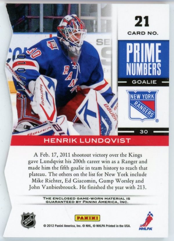 Henrik Lundqvist 2012 Panini Elite Prime Numbers Jersey /213 #21