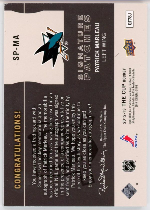 Patrick Marleau 2012-13 UD The Cup Signature Patches /75 #SP-MA