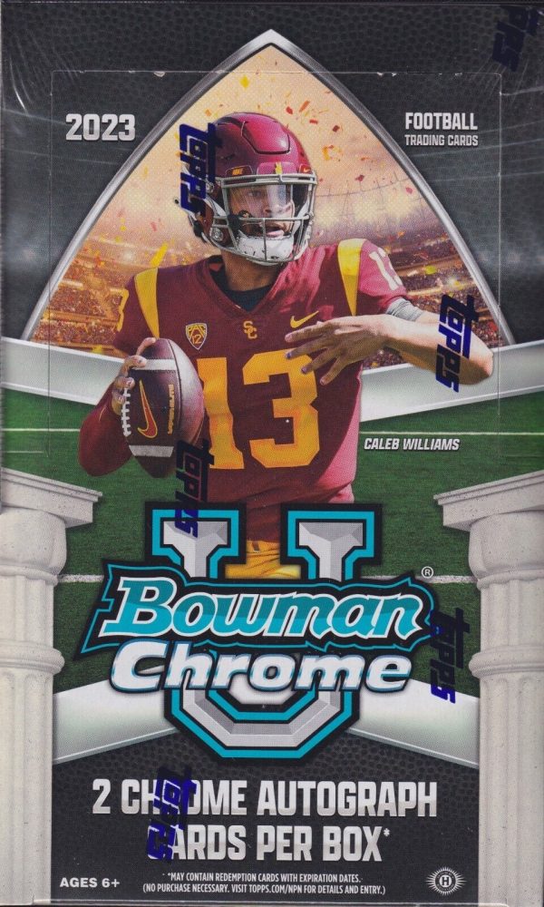 2023 Bowman University Chrome Football Hobby Box Every Box contains Two Autographs, Four Bowman Chrome Prospect Refractor Parallels, One Bowman Chrome Prospect Shimmer Refractor Parallel & At Least Three Base Color Parallels or Image Variations!