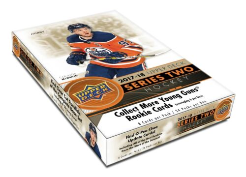 Packs per box: 24 Cards per pack: 8 Get More Young Guns Rookie Cards from the NHL’s most up and coming superstars. Including Nolan Patrick & Clayton Keller! As always, Collect 6 per Box. HOBBY EXCLUSIVE: Find Clear Cut PETG Parallels of The Complete Series 2 Base Set. Falling 1 in 3 Boxes! BREAKDOWN Rookie Cards: Young Guns – inserted 1:4 UD Canvas: (combined to deliver 1:6) Regular Cards – inserted 1:7 Young Guns – inserted 1:48 Team Canada, Program of Excellence – inserted 1:192 Retired Stars – inserted 1:192 O-Pee-Chee Rookie & Regular Card Updates: O-Pee-Chee Update – inserted 1:24 O-Pee-Chee Update Rookies – inserted 1:6 Hobby Exclusive: O-Pee-Chee Update, Red Border parallel – inserted 1:1,200 Hobby Exclusive: O-Pee-Chee Update Rookies, Red Border parallel – inserted 1:300 O-Pee-Chee Update, Rainbow Foil parallel – inserted 1:120 O-Pee-Chee Update Rookies, Rainbow Foil parallel – inserted 1:30 O-Pee-Chee Update, Black Border parallel – #’d to 100 O-Pee-Chee Update Rookies, Black Border parallel – #’d to 100 O-Pee-Chee Retro Update – inserted 1:60 O-Pee-Chee Retro Update Rookies – inserted 1:15 Memorabilia & Autograph Cards: Rookie Materials – inserted 1:48 Rookie Materials Patch Parallel – #’d to 25 1,000 Point Club Jerseys – inserted 1:864 1,000 Point Club Auto – # to 10 UD Canvas Steve Yzerman Auto – # to 19 Die-Cut Acetate Cards: Rookie Breakouts – #’d to 100 Big Hits: Day With The Cup – inserted 1:1,000 UD Fluoresence Gold – # to 150 UD Fluoresence Blue – # to 50 UD Fluoresence Green – # to 10 UD Fluoresence Magenta – # to 5 UD Portraits Rookies: Rookies – inserted 1:6 Gold Parallel – #’d to 99 Platinum Blue Parallel – #’d to 25 Regular Set Parallels: Hobby Exclusive: Regular Cards, Clear Cut – inserted 1:90 Hobby Exclusive: Young Guns, Clear Cut – inserted 1:360 Exclusives – #’d to 100 High Gloss – #’d to 10 Printing Plates — #’d 1-of-1 Regular Cards: 200 Regular Cards