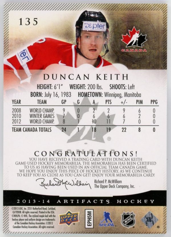 Duncan Keith 2013-14 UD Artifacts Team Canada Dual Patch 03/15 #135