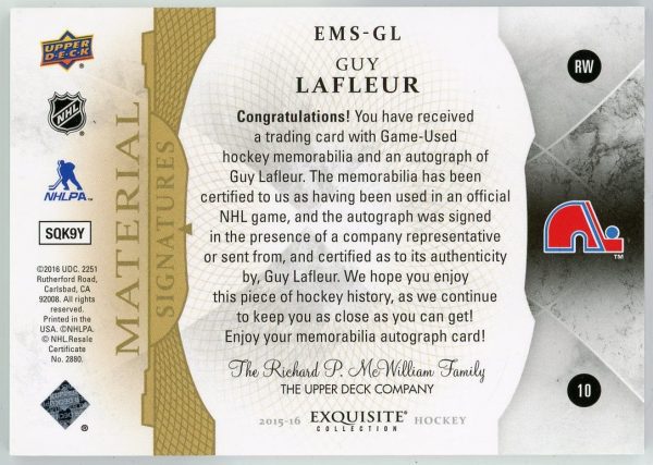 Guy Lafleur 2015-16 UD Exquisite Material Signatures 01/25 #EMSGL