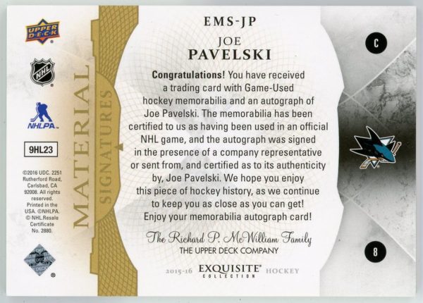 Joe Pavelski 2015-16 UD Exquisite Material Signatures 025/135 #EMS-JP