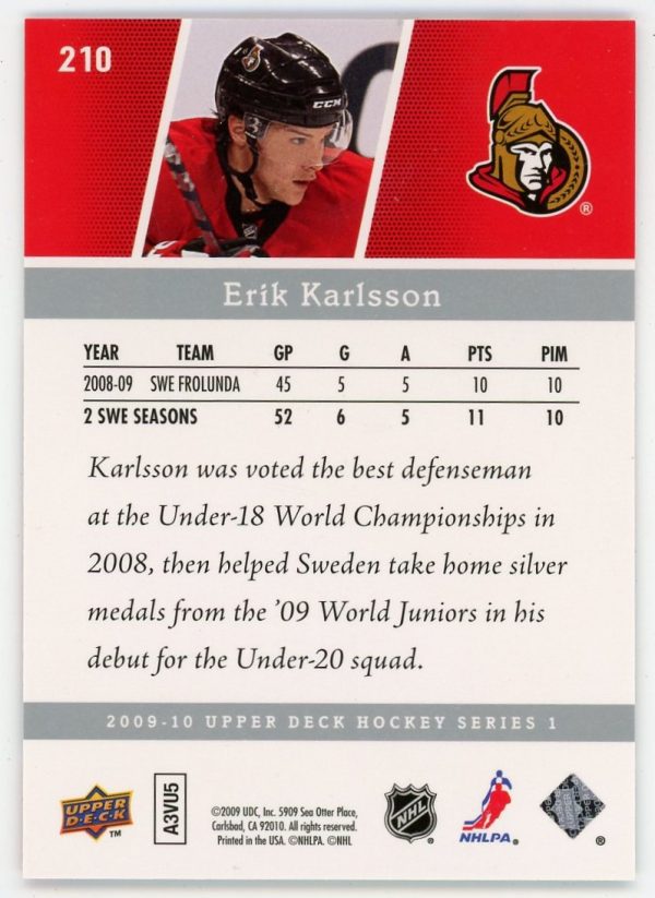 Erik Karlsson 2009-10 Upper Deck Young Guns Rookie Card #210
