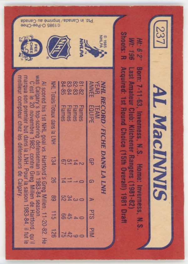 Al MacInnis 1985-86 O-Pee-Chee Rookie Card #237