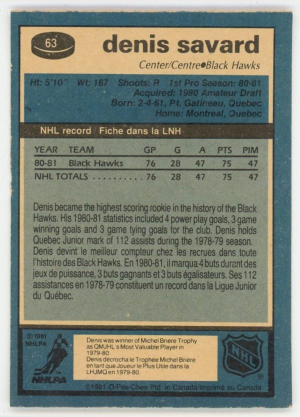 Denis Savard 1981-82 O-Pee-Chee Rookie Card #63