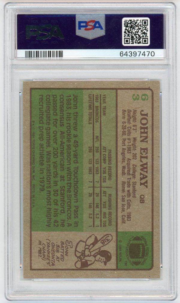 John Elway 1984 Topps Rookie Card #63 PSA 8 NM-MT