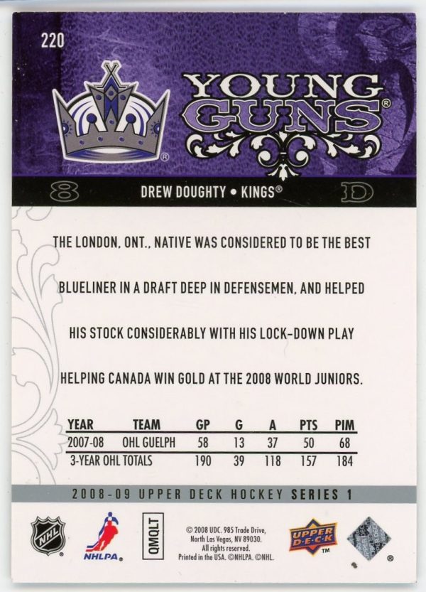 Drew Doughty 2008-09 Upper Deck Young Guns Rookie Card #220