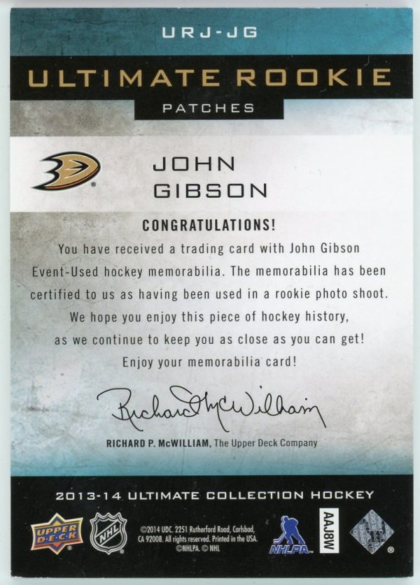 John Gibson 2013-14 UD Ultimate Rookie Patches 61/75 RC #URJ-JG