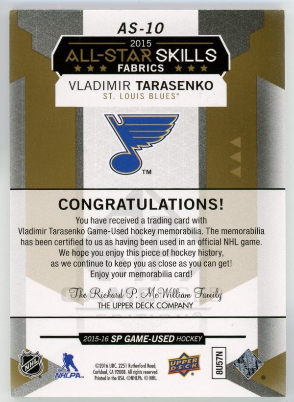 Vladimir Tarasenko 2015-16 UD SPGU All-Star Skills Fabrics Patch /35