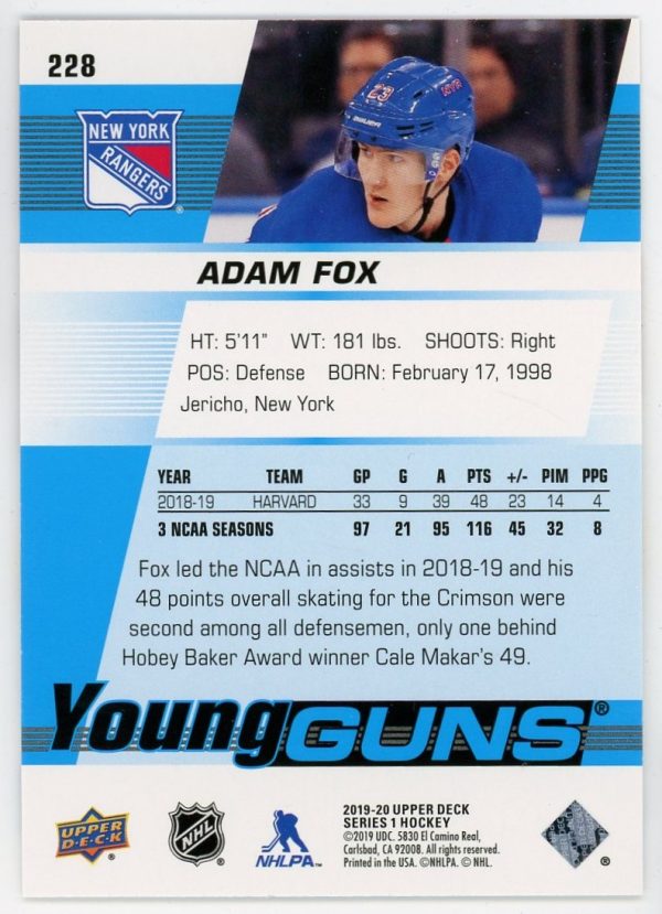 Adam Fox 2019-20 Upper Deck Young Guns RC #228