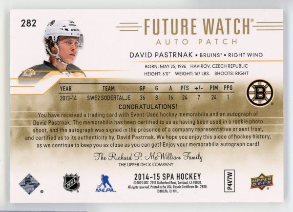 David Pastrnak 2014-15 SP Authentic Future Watch Auto Patch 043/999 RC #282