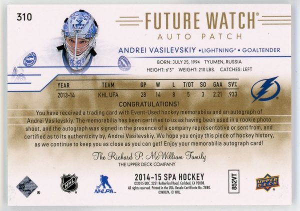Andrei Vasilevskiy 2014-15 SP Authentic Future Watch Auto Patch /999 RC #310