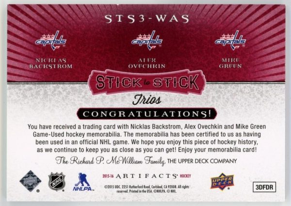 Ovechkin/Backstrom/Green 2015-16 UD Artifacts Trios Stick to Stick /10 #STS3-WAS