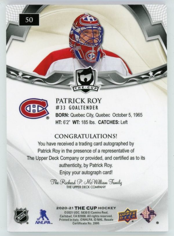 Patrick Roy 2020-21 Upper Deck The Cup Gold 02/12 Auto #50