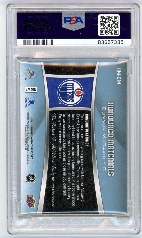 Connor McDavid 2015-16 UD Ultimate Rookie Honoured Materials Patch 07/10 PSA 8