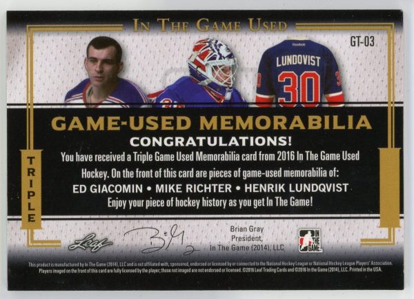 Giacomin/Richter/Lundqvist 2016 ITG Triple Game-Used Memorabilia /45 Card #GT-03