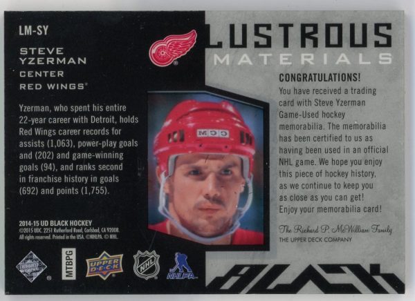 Steve Yzerman 2014-15 UD Black Lustrous Materials Jersey Card #LM-SY