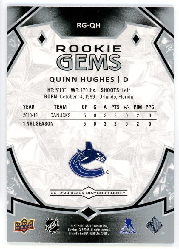 Quinn Hughes 2019-20 Upper Deck Black Diamond Rookie Gems /399
