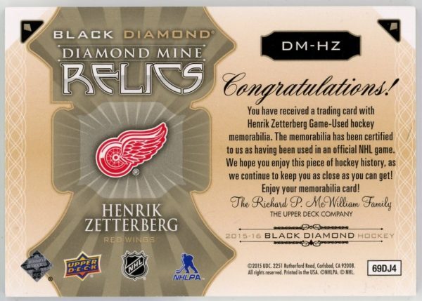 Henrik Zetterberg 2015-16 UD BD Diamond Mine Relics 25/25 #DM-HZ