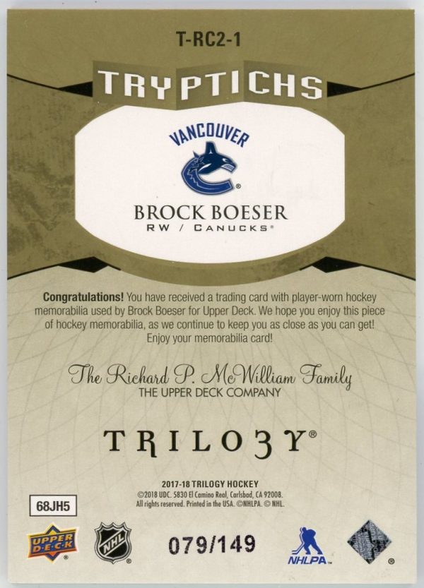 Brock Boeser 2017-18 Upper Deck Trilogy Tryptichs Jersey /149 RC