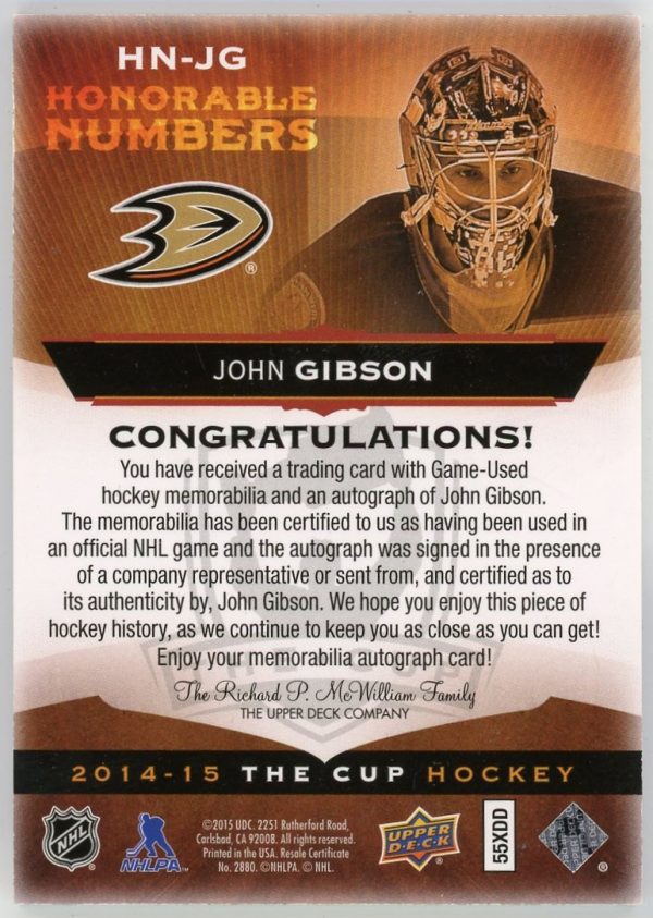 John Gibson 2014-15 UD The Cup Honorable Numbers Patch Auto /36