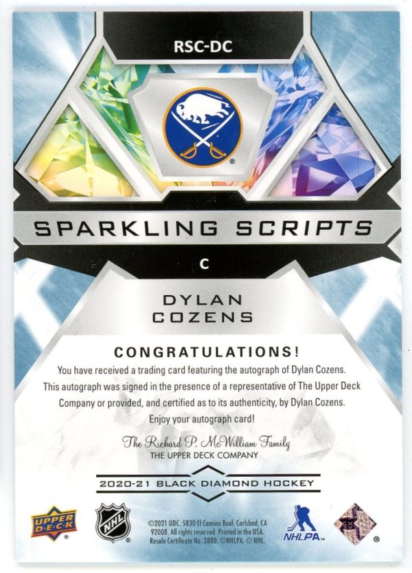 Dylan Cozens 2020-21 UD Black Diamond Sparkling Scripts /25 RC #RSC-DC