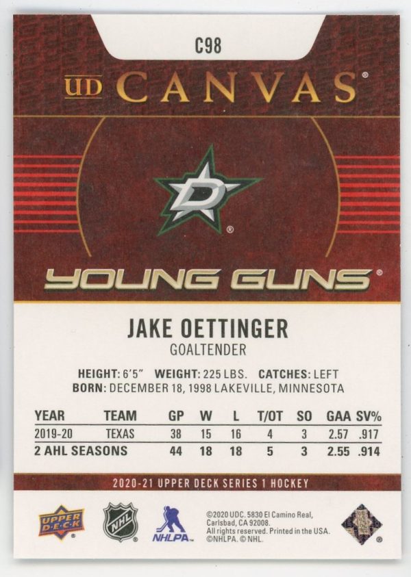 Jake Oettinger 2020-21 Upper Deck Young Guns Canvas RC #C98