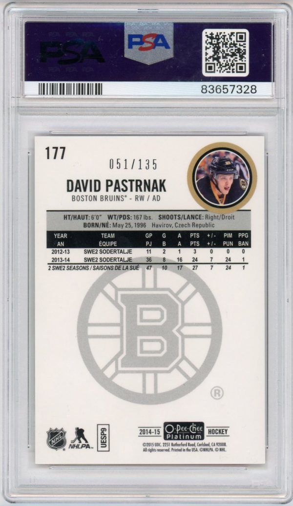 David Pastrnak 2014-15 OPC Platinum Red Prism 051/135 RC #177 PSA 9