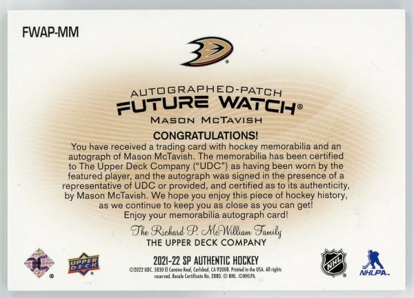 Mason McTavish 2021-22 SP Authentic Future Watch Auto Patch 014/100 RC #FWAP-MM
