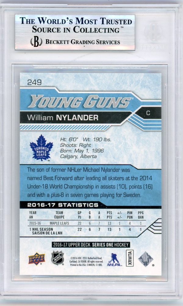 William Nylander 2016-17 UD Young Guns Silver Foil RC #249 BGS 9