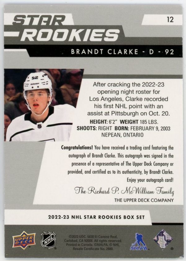 Brandt Clarke 2022-23 UD Star Rookies Box Set Autograph RC #12