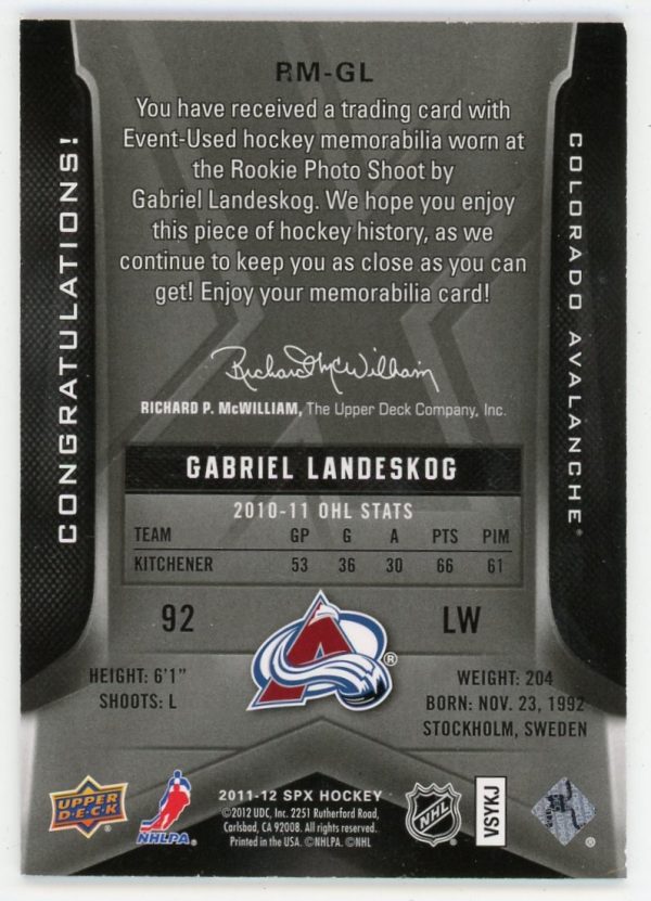 Gabriel Landeskog 2011-12 SPx Rookie Materials Jersey Card #RM-GL
