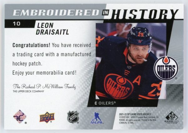 Leon Draisaitl 2021-22 SPGU Embroidered In History Patch Card #10