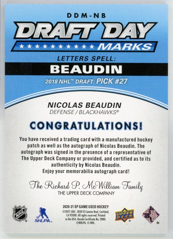 Nicolas Beaudin 2020-21 SPGU Draft Day Marks 02/35 RC #DDM-NB