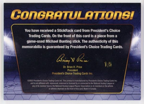Michael Bunting 2023 President's Choice Stick Rack Relic Card 1/5