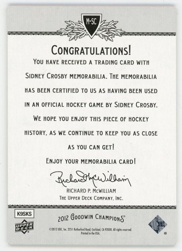 Sidney Crosby 2012 Goodwin Champions Memorabilia Card #M-SC