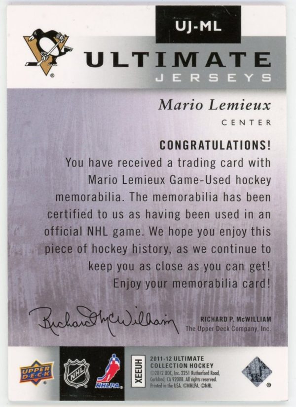Mario Lemieux 2011-12 UD Ultimate Jerseys 043/100 Card #UJ-ML