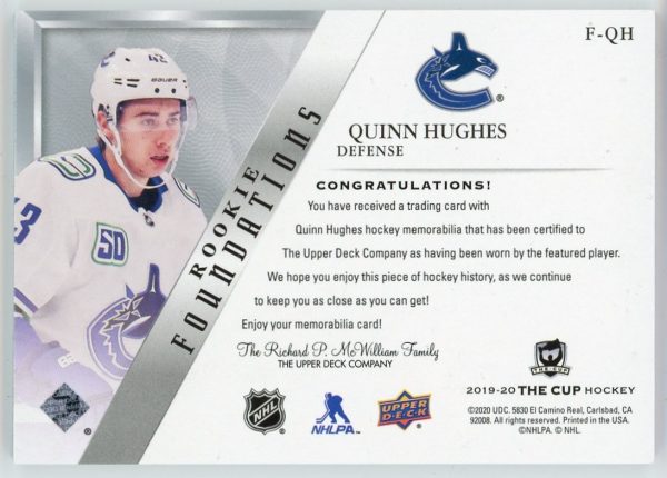 Quinn Hughes 2019-20 UD The Cup Rookie Foundations Jersey 11/99 #F-QH